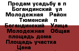 Продам усадьбу в п. Богандинский, ул. Молодежная › Район ­ Тюменсий , п.Богандинский › Улица ­ Молодежная › Общая площадь дома ­ 100 › Площадь участка ­ 48 › Цена ­ 4 650 000 - Тюменская обл. Недвижимость » Дома, коттеджи, дачи продажа   . Тюменская обл.